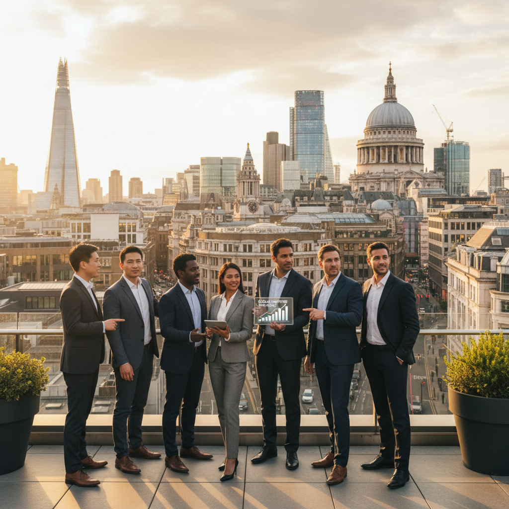 A diverse group of expat entrepreneurs from various backgrounds, looking confidently at a cityscape that blends modern skyscrapers with historic architecture, symbolizing business growth and opportunity in London. The sun is setting, casting a warm glow, and one person is holding a tablet with a business plan. Photorealistic style.