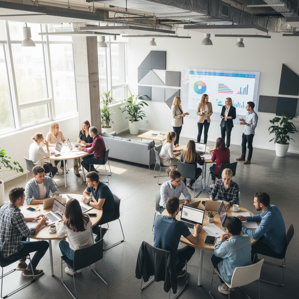 A brightly lit, modern co-working space bustling with activity. Diverse individuals are collaborating, working on laptops, and presenting ideas on a large screen. There's a sense of energy and innovation, with a mix of age groups and ethnicities. Photorealistic, high-angle shot.