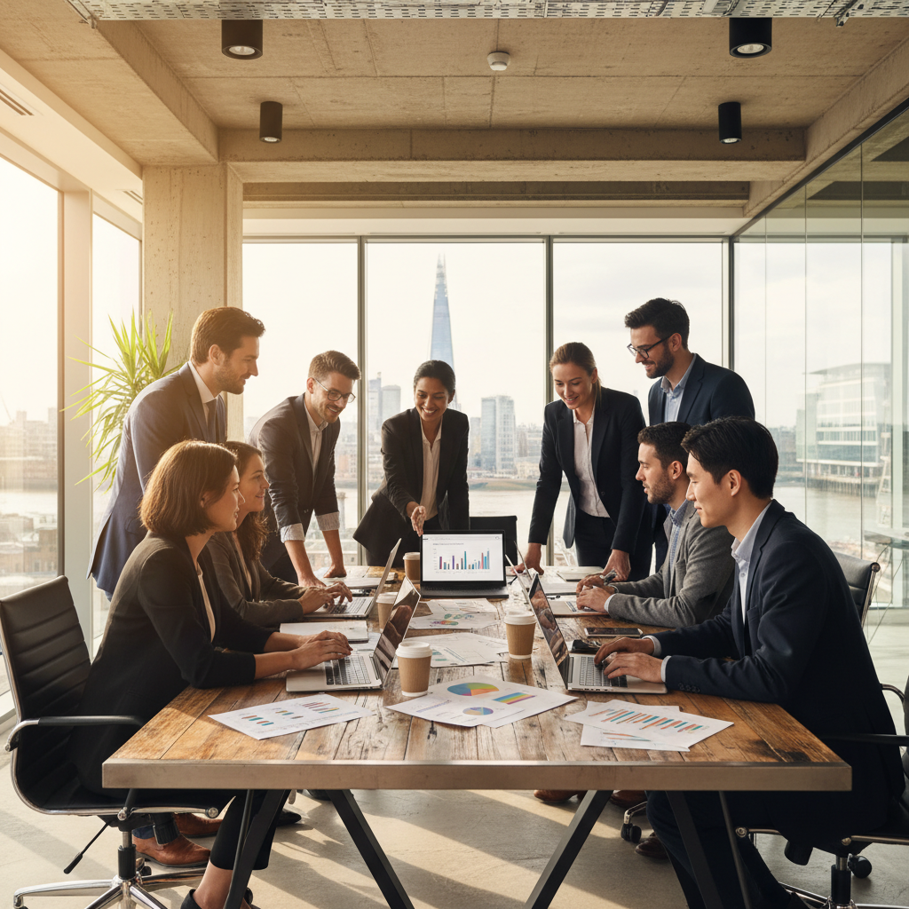 A diverse group of international professionals collaborating around a table in a modern, sunlit office in London, looking at business plans and laptops. The scene is bright and optimistic, with a focus on teamwork and innovation. Photorealistic style.