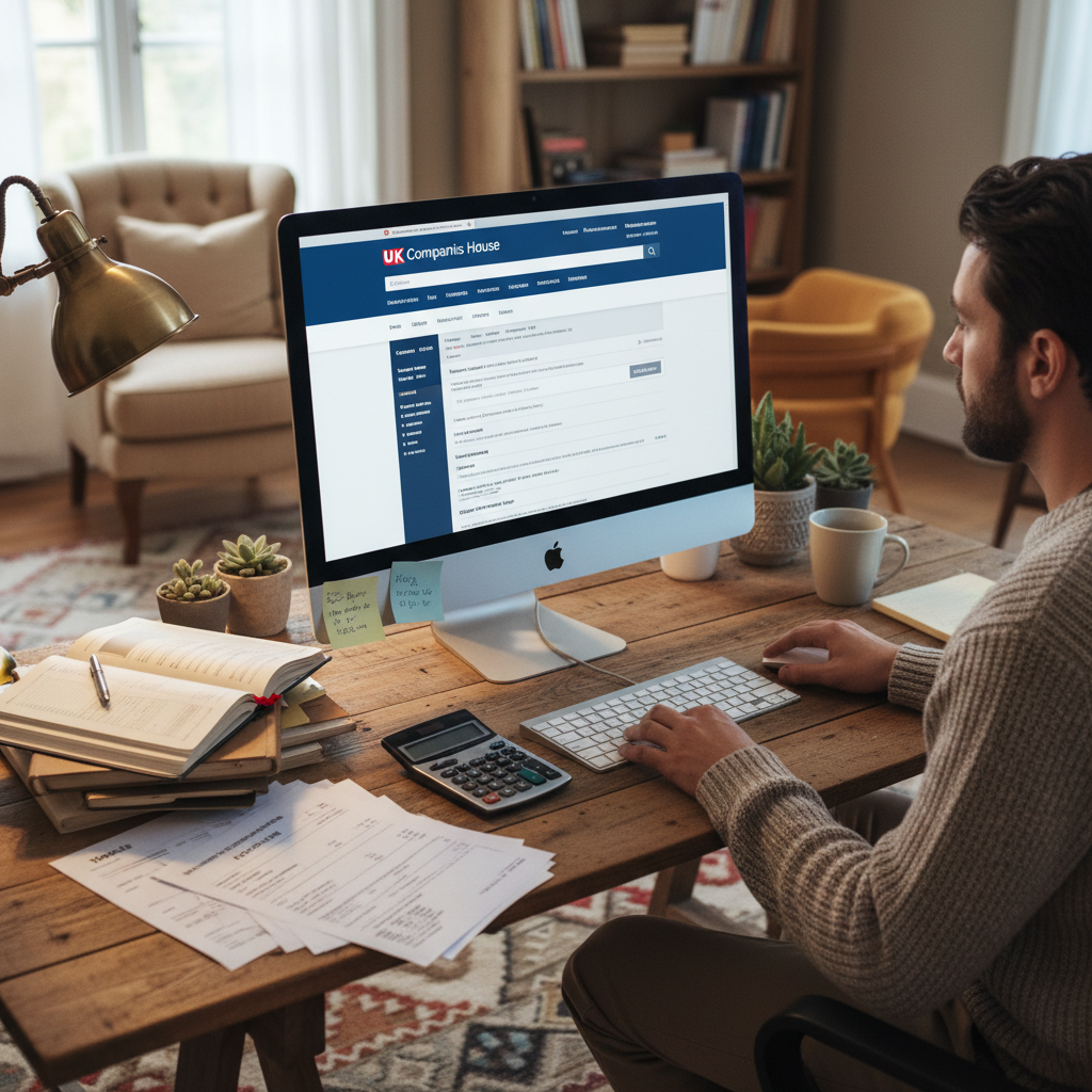 A person sitting at a desk, looking at a computer screen displaying a UK Companies House website, with various financial documents and a calculator nearby. The setting is a cozy home office, emphasizing the administrative side of starting a business. Photorealistic style.