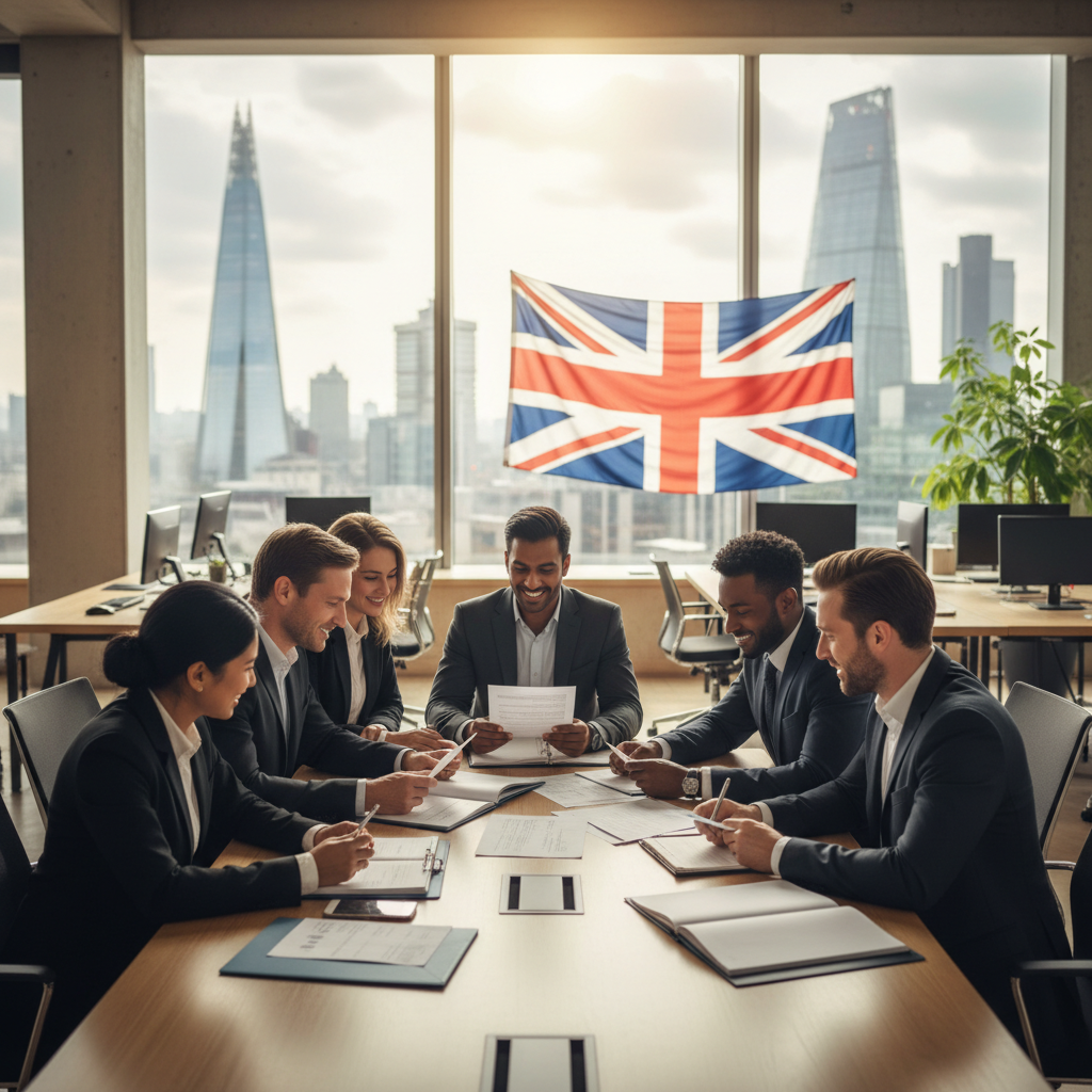 A diverse group of smiling entrepreneurs from various backgrounds reviewing visa documents and business plans in a modern, brightly lit office space in London, UK, with a subtle British flag in the background. Photorealistic and professional.