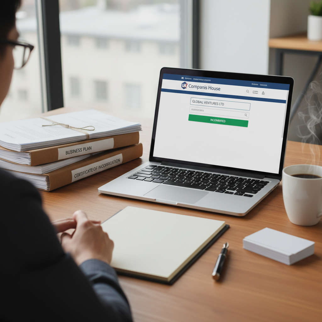 A person looking at a laptop screen displaying a UK Companies House website, with various legal documents, a pen, and a cup of coffee on a wooden desk. The scene is clean, organized, and represents business registration. Photorealistic and sharp focus.