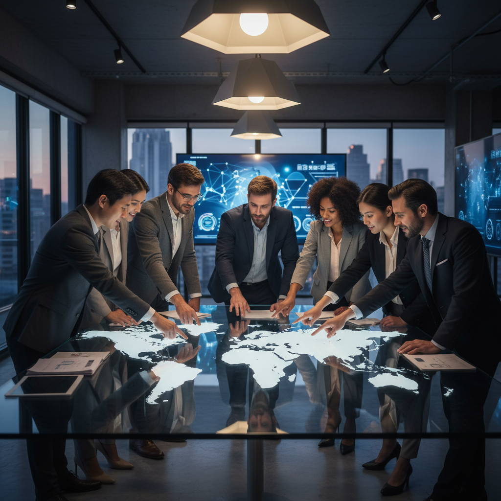 A diverse team of business professionals from various backgrounds collaborating around a large, illuminated world map, pointing to different regions with a sense of excitement and planning. The scene is brightly lit and modern, conveying global strategy.