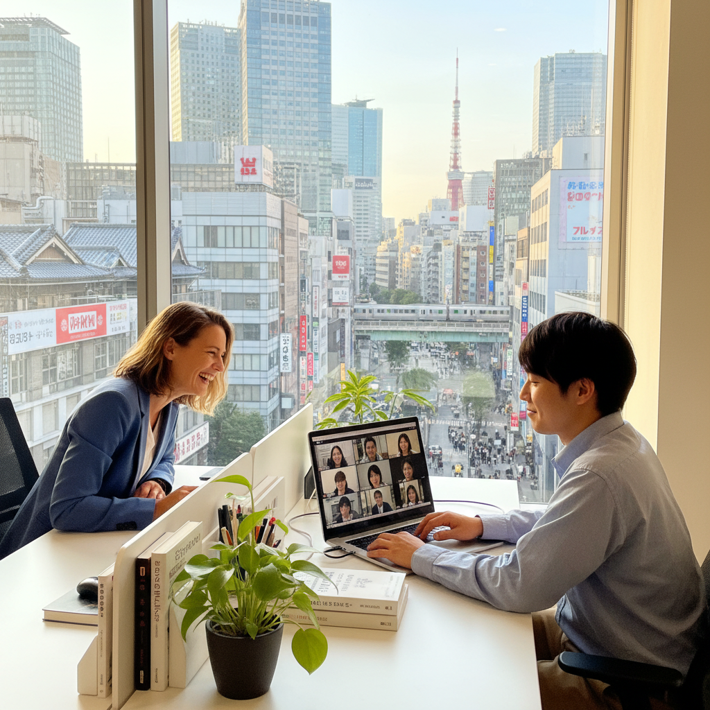 A small, modern office space in a vibrant foreign city, with an expat business owner smiling and having a video conference, while a local colleague works alongside, symbolizing successful integration and collaboration. Sunlight streams through a large window overlooking city architecture.