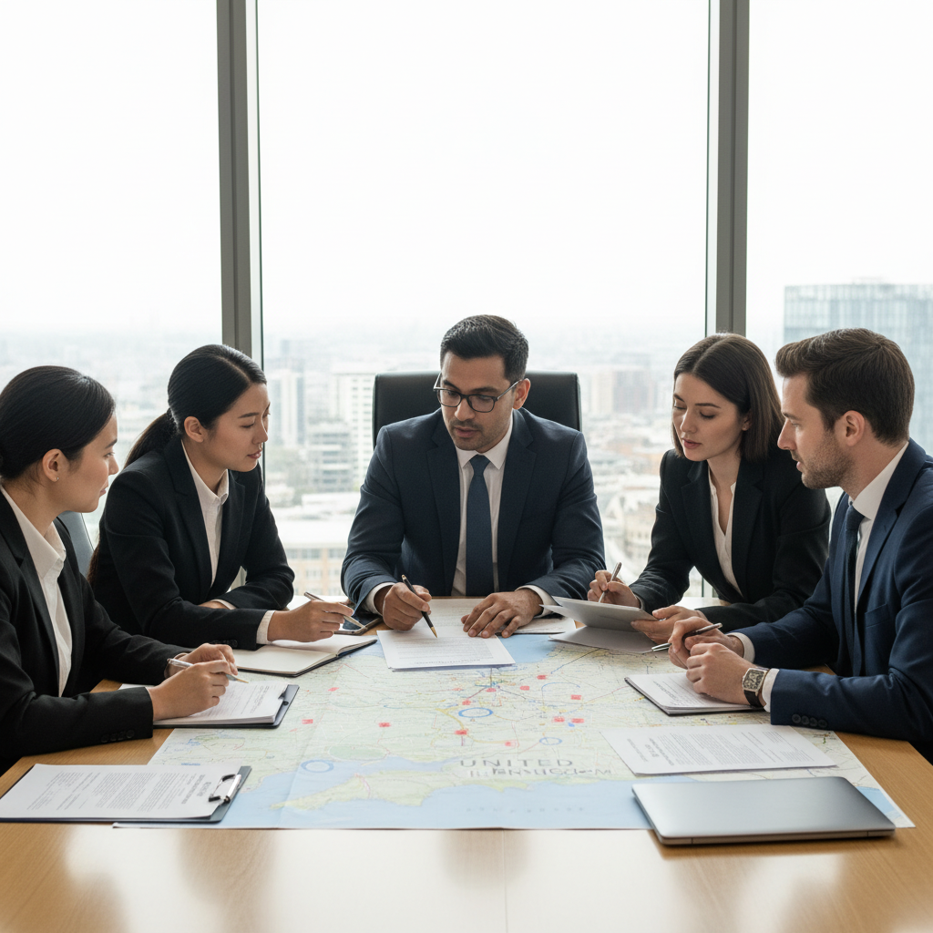 A diverse group of professionals reviewing business documents and a map of the UK, symbolizing the legal and strategic planning involved in starting a business in the UK as an expat. The scene is bright and professional.