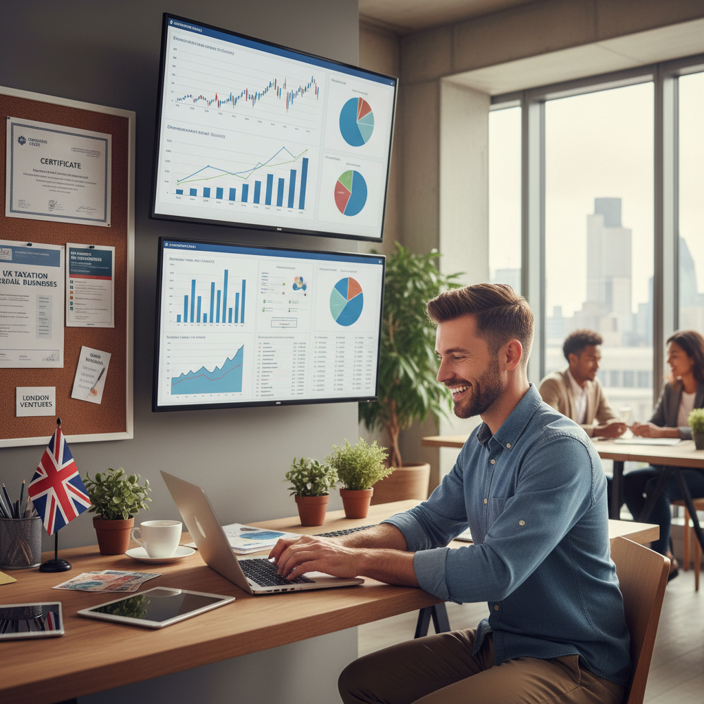 A modern office setting with an expat entrepreneur happily working on a laptop, surrounded by financial charts and UK business resources, depicting successful business operations and financial management. The entrepreneur is smiling and focused.