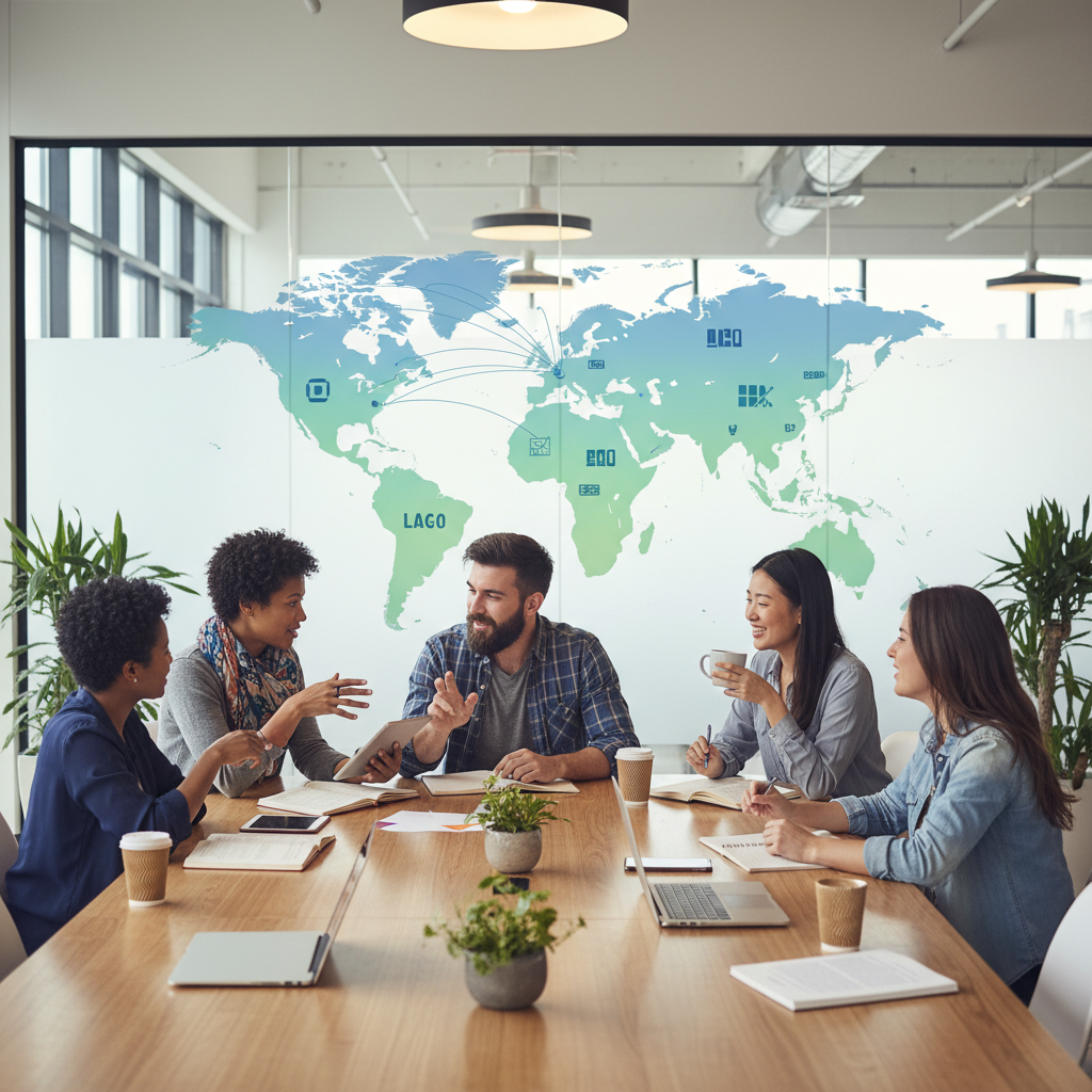 A diverse group of expats collaboratively brainstorming startup ideas in a modern co-working space, with a global map faintly visible in the background, depicting a sense of ambition and connectivity. Photorealistic, vibrant colors.