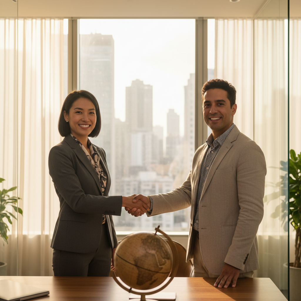 A businesswoman of diverse background, smiling confidently, shaking hands with a local business partner in a bright, modern office setting, signifying successful cross-cultural business interaction. Photorealistic, warm lighting.
