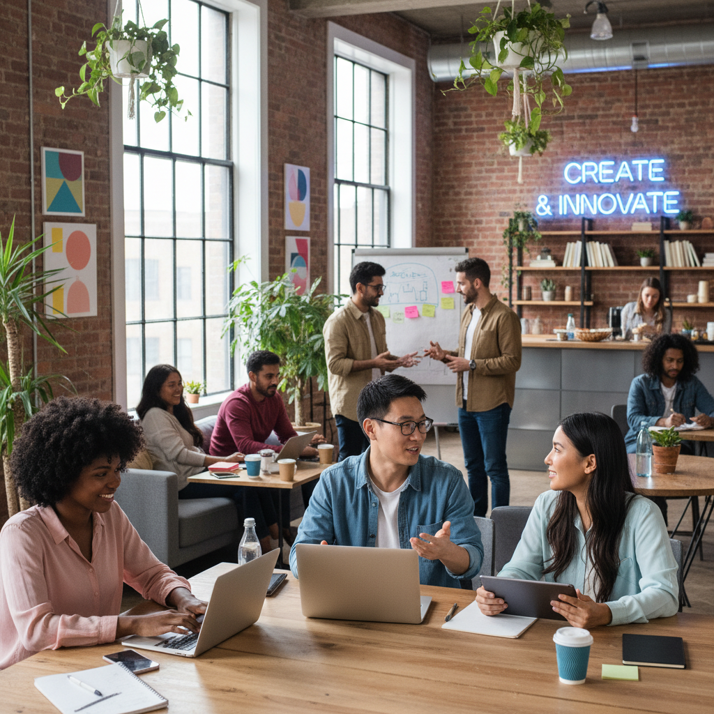 A diverse group of people from various backgrounds working collaboratively in a modern co-working space, some on laptops, others discussing ideas, with a vibrant, entrepreneurial atmosphere. Realistic, high-resolution, bright lighting.