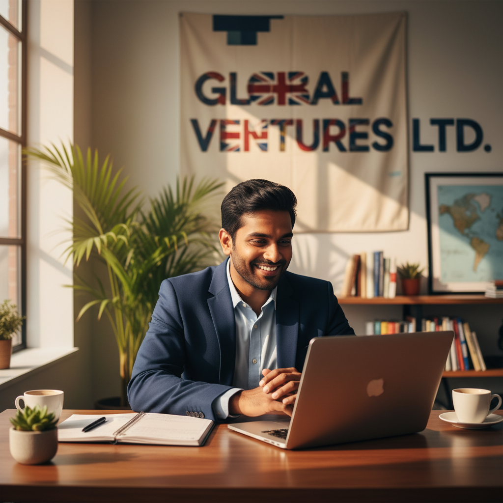 A person sitting at a desk, looking confidently at a laptop screen, surrounded by subtle branding elements, with a UK flag subtly integrated into the background. Represents an expat successfully running an online business. Photorealistic, warm lighting, professional.