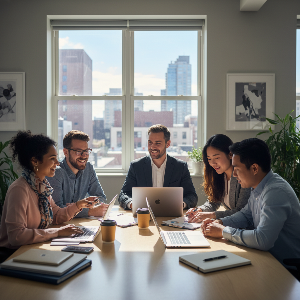 A diverse group of entrepreneurs, including expats, discussing business plans with a friendly bank advisor in a modern, well-lit office. The scene is collaborative and optimistic, with laptops and documents on the table.