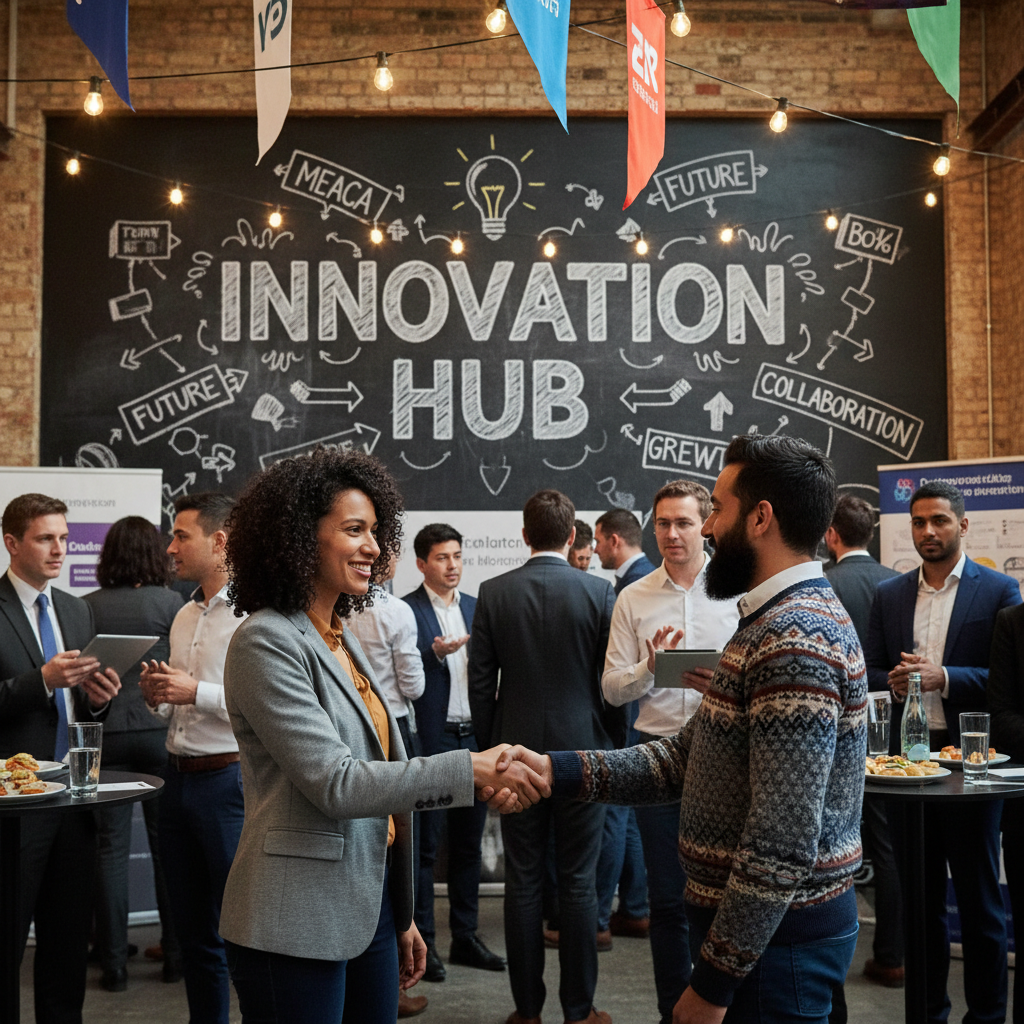 An expat entrepreneur networking at a vibrant business incubator event in the UK, surrounded by other professionals and mentors, with a chalkboard showing