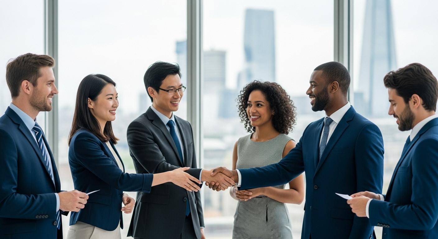 A diverse group of business professionals from various backgrounds shaking hands in a modern, bright office setting, symbolizing global business collaboration and company formation in the UK. Photorealistic, diverse, professional.