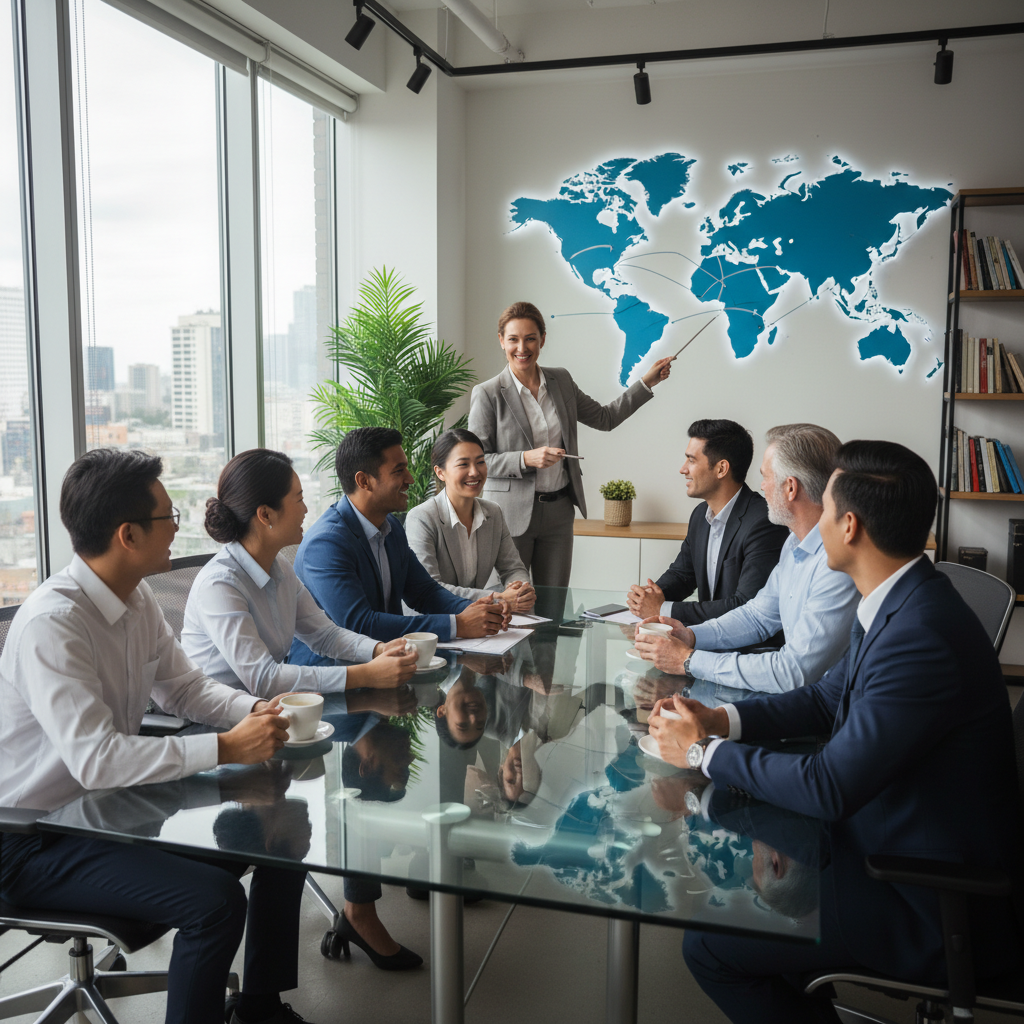 A diverse group of smiling expats from various backgrounds interacting positively with a professional, friendly consultant in a bright, modern office setting, looking at a world map in the background. Photorealistic, wide shot.