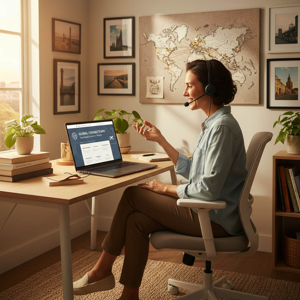 A person sitting at a desk, looking at a laptop with a modern, clean website displaying services for expats. They are smiling confidently, perhaps talking on a headset, in a well-lit home office with a world map or travel decor in the background. Photorealistic, warm lighting.